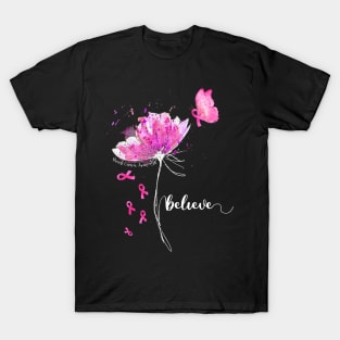 Womens Believe Flower-Butterfly Breast Cancer T-Shirt